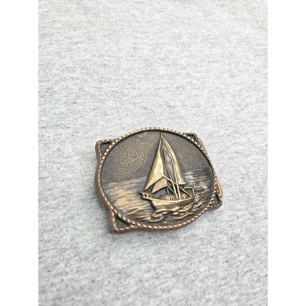 Vintage Solid Brass Sail Boat Ocean Breeze Nautical Belt Buckle BTS Made USA
